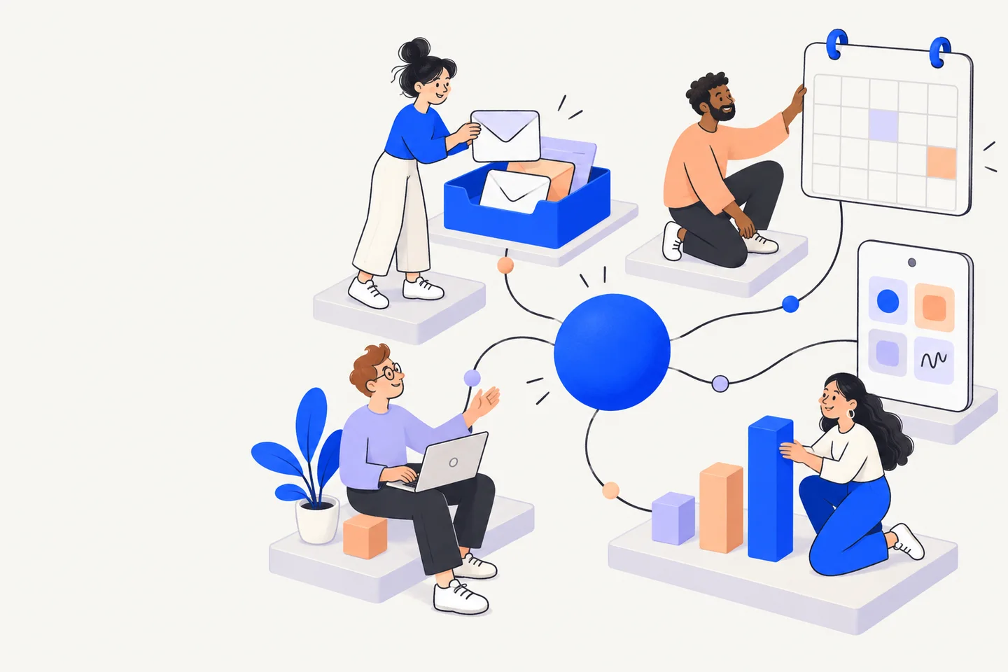 Illustrated teammates connecting enquiries, workflows and ideas.